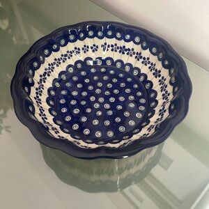 Flowering Peacock Boleslawiec Scalloped Serving Bowl 8in Handmade Polish Pottery